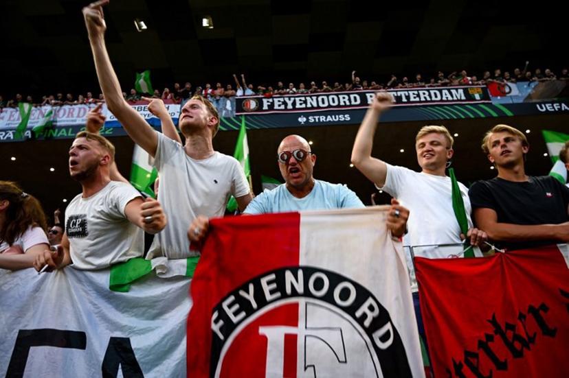 Feyenoord fans cheer prior to the UEFA Europa Conference League final football match between AS Roma and Feyenoord at the Air Albania Stadium in Tirana on May 25, 2022. OZAN KOSE / AFP
