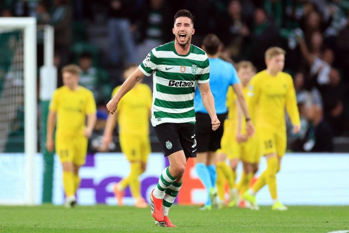 Sporting Lisbon's Portuguese defender #25 Goncalo Inacio celebrates scoring the opening goal during the UEFA Champions League last 16 second leg football match between Sporting CP and Bodoe/Glimt at Jose Alvalade stadium in Lisbon on March 17, 2026. PATRICIA DE MELO MOREIRA / AFP