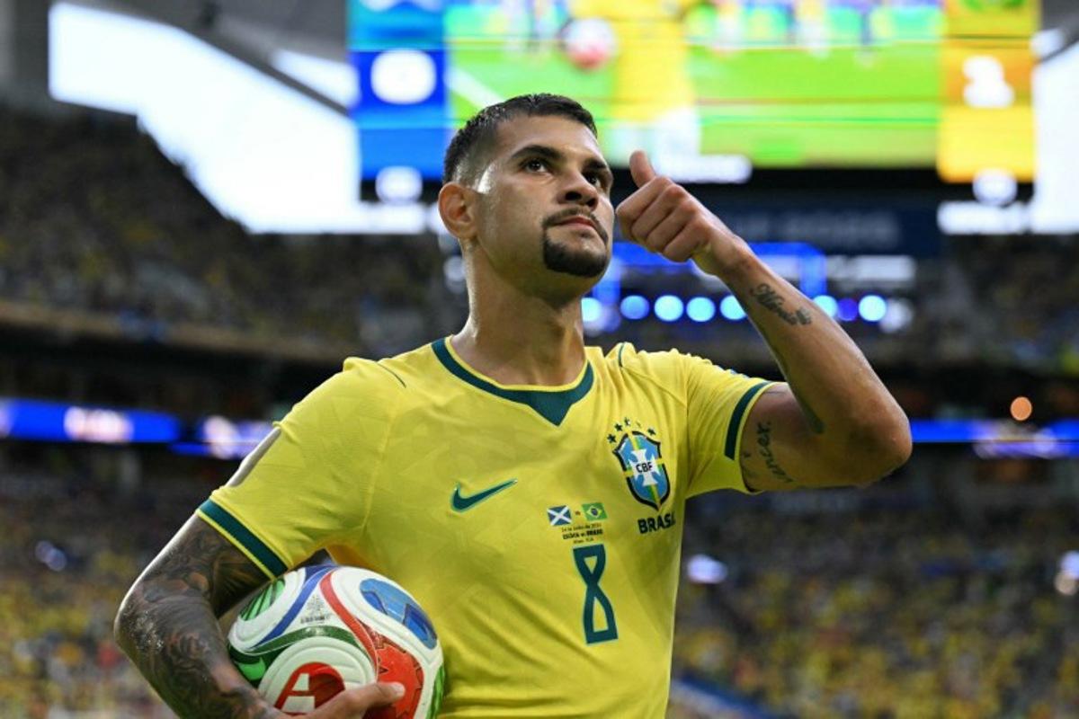 Brazil's midfielder #08 Bruno Guimaraes gestures during the 2026 World Cup Group C football match between Scotland and Brazil at the Miami Stadium in Miami Gardens on June 24, 2026. CHANDAN KHANNA / AFP