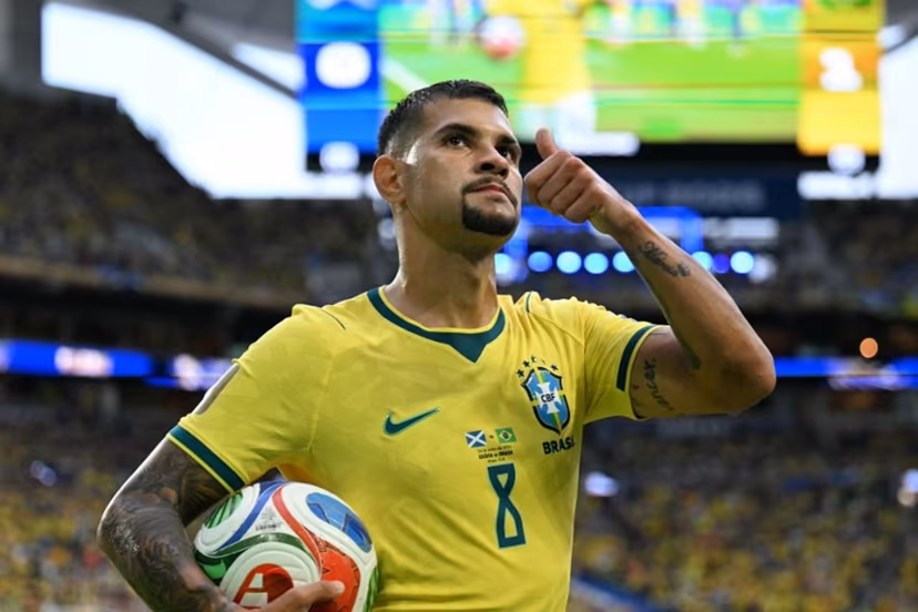 Brazil's midfielder #08 Bruno Guimaraes gestures during the 2026 World Cup Group C football match between Scotland and Brazil at the Miami Stadium in Miami Gardens on June 24, 2026. CHANDAN KHANNA / AFP