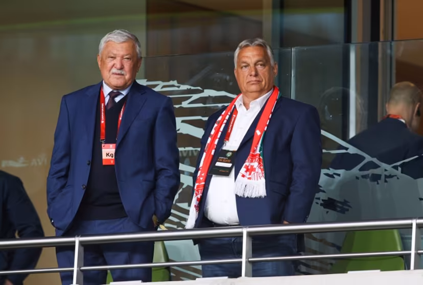 Prime Minister of Hungary Victor Orban and Hungarian football President Sandor Csanyi look on before the 2026 World Cup Group F qualifier football match between Republic of Ireland and Hungary, at Aviva Stadium, in Dublin, on September 6, 2025. Paul Faith / AFP