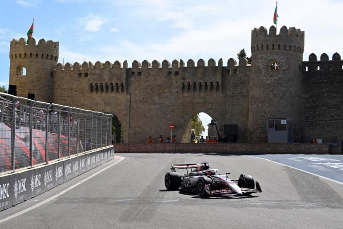 Haas F1 Team's French driver Esteban Ocon drives during a practice session of the Formula One Azerbaijan Grand Prix at the Baku City Circuit in Baku on September 20, 2025. Alexander NEMENOV / AFP