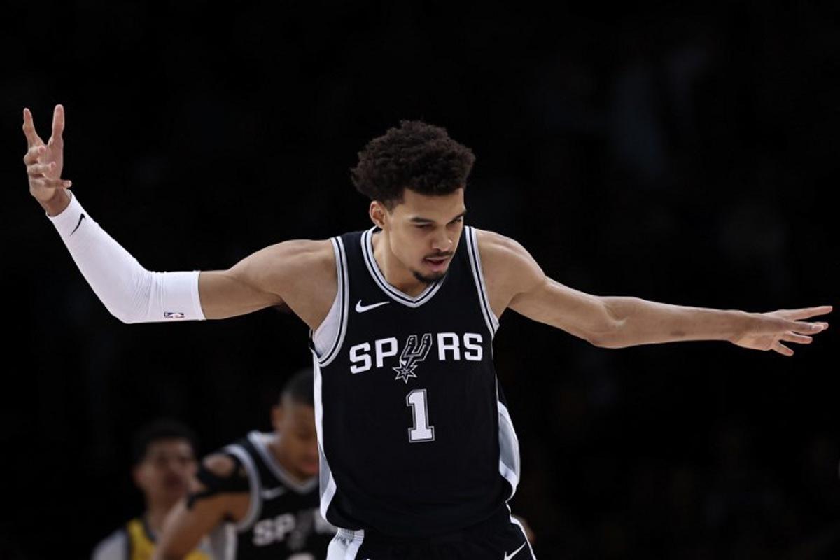 San Antonio Spurs' French forward-center #01 Victor Wembanyama reacts during the NBA basketball game between the Indiana Pacers and the San Antonio Spurs at the Accor Arena - Palais Omnisports de Paris-Bercy - in Paris on January 23, 2025. FRANCK FIFE / AFP