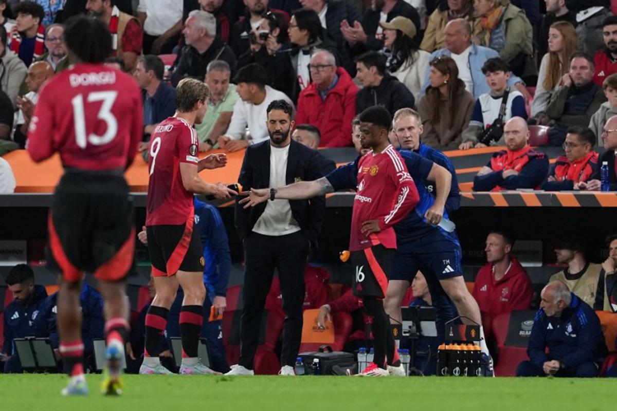 Manchester United's Portuguese head coach Ruben Amorim reacts during the UEFA Europa League final football match between Tottenham Hotspur and Manchester United at San Mames stadium in Bilbao on May 21, 2025. CESAR MANSO / AFP