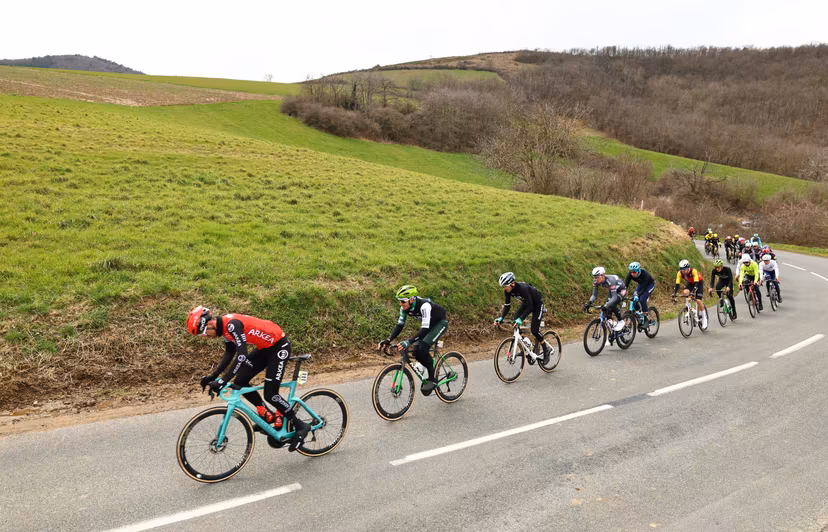 Australian Miles Scotson of Arkea-BB Hotels, Spanish Joel Nicolau of Caja Rural-Seguros RGA and Uruguayan Thomas Silva of Caja Rural-Seguros RGA pictured in action during stage five of the 83th edition of the Paris-Nice cycling race, 196,5 km from Saint-Just-en-Chevalet to La Cote-Saint-Andre, France, Thursday 13 March 2025. BELGA PHOTO DAVID PINTENS