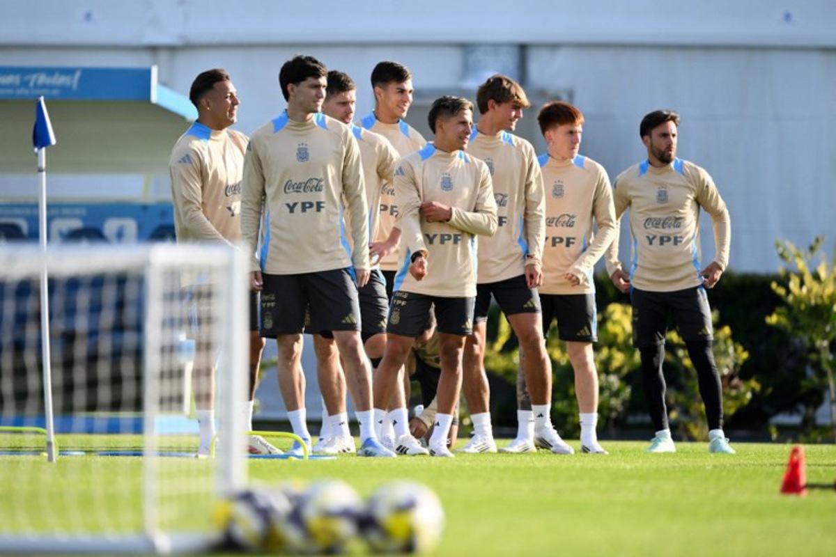 Argentina's national football team players take part in a training session in Ezeiza, Buenos Aires province, Argentina on June 3, 2025, ahead of the FIFA World Cup 2026 qualifier football match against Chile on June 5 at the National Stadium in Santiago. LUIS ROBAYO / AFP