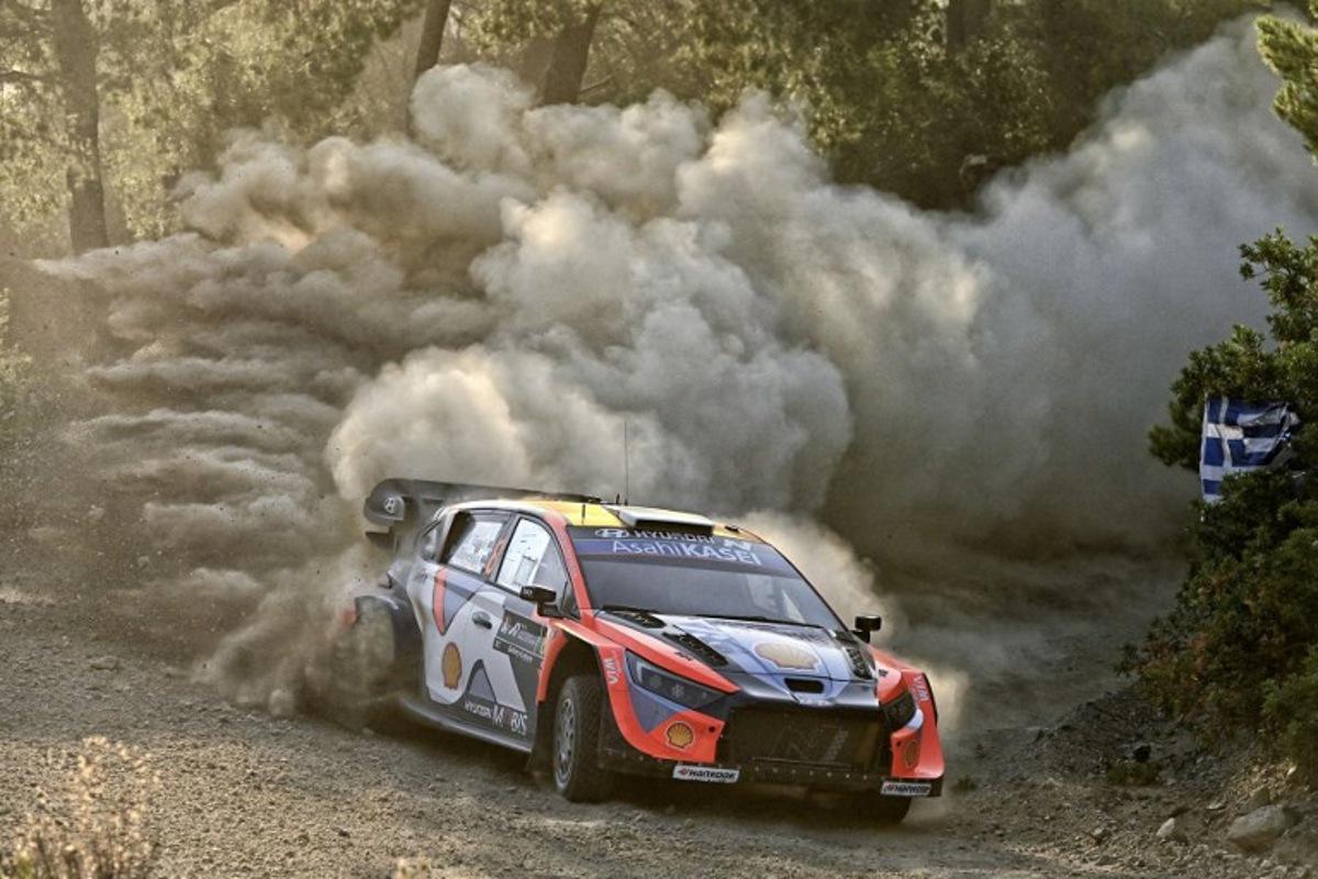Estonia's Ott Tanak and his co-driver Martin Jarveoja driver their Hyundai i20 N Rally1 at the special stage Agioi Theodoroi during the Acropolis Rally in Agioi Theodoroi on June 27, 2025. Valerie GACHE / AFP