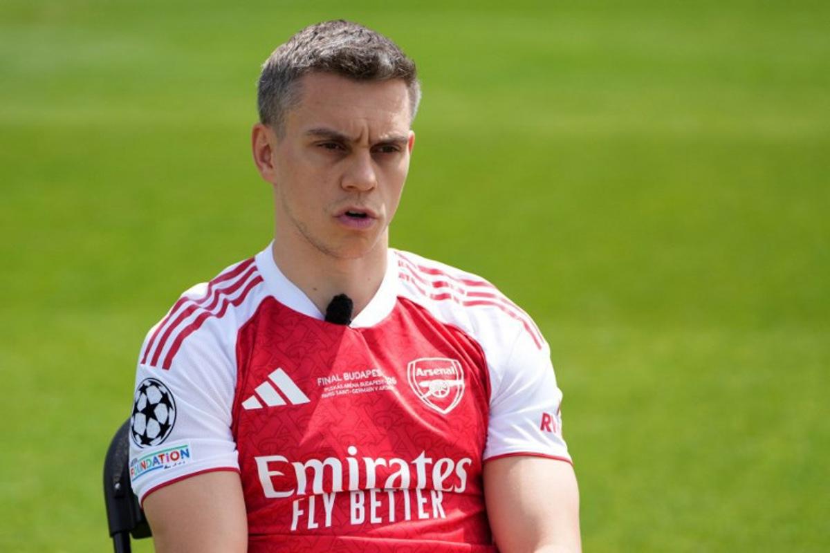 Arsenal's Belgian midfielder #19 Leandro Trossard takes part in a media day, at London Colney, north of London, on May 21, 2026, ahead of their UEFA Champions League final football match against Paris Saint-Germain on May 30. CARLOS JASSO / AFP