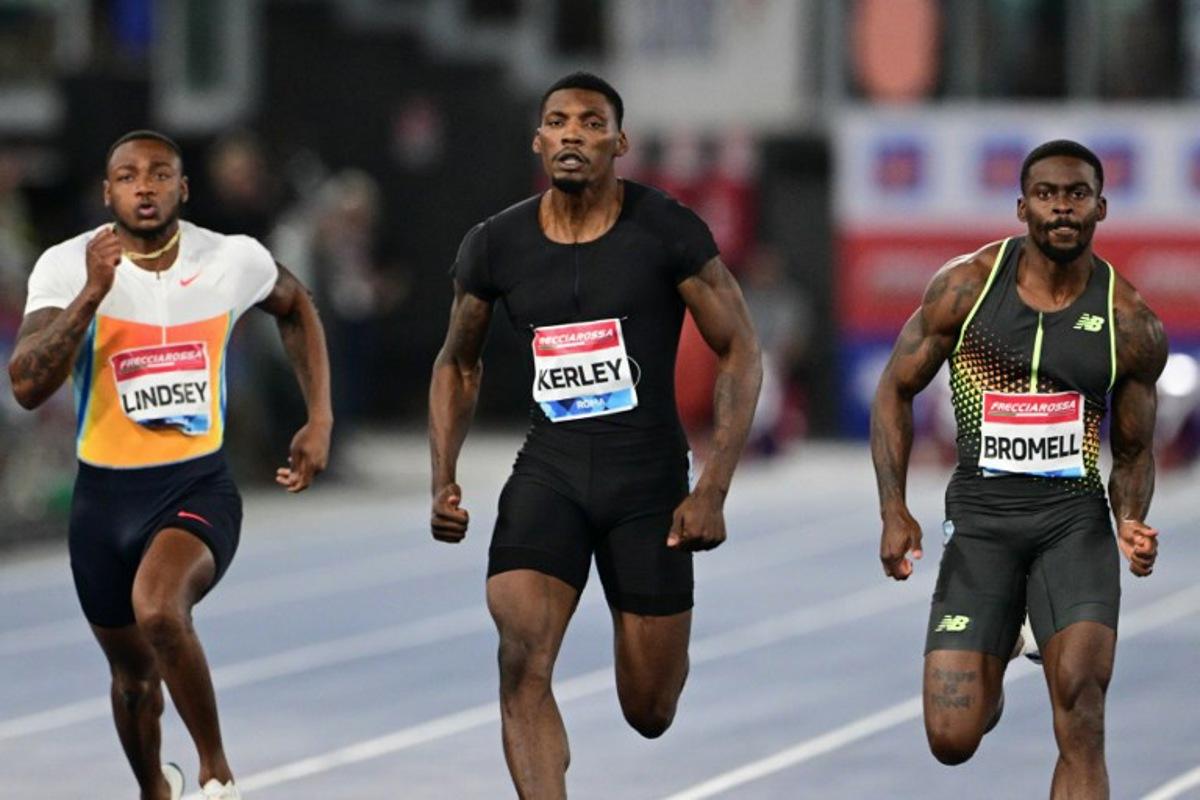 (From L-R) US' Courtney Lindsey, US' Fred Kerley and US' Trayvon Bromell compete in the men's 100m event of the Diamond League athletics meeting at the Olympic stadium in Rome on June 6, 2025. Tiziana FABI / AFP