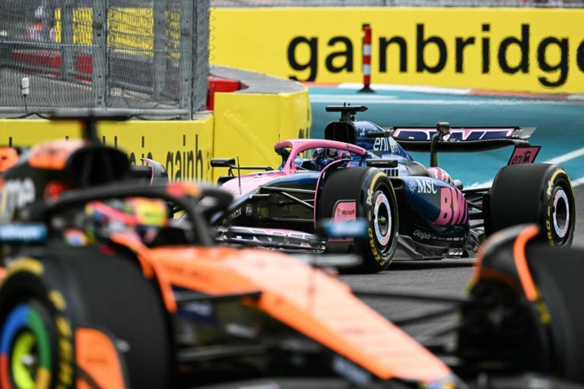 (L-R) McLaren's Australian driver Oscar Piastri and Alpine's French driver Pierre Gasly race during a practice session for the 2025 Miami Formula One Grand Prix at Miami International Autodrome in Miami Gardens, Florida, on May 2, 2025. Chandan Khanna / AFP