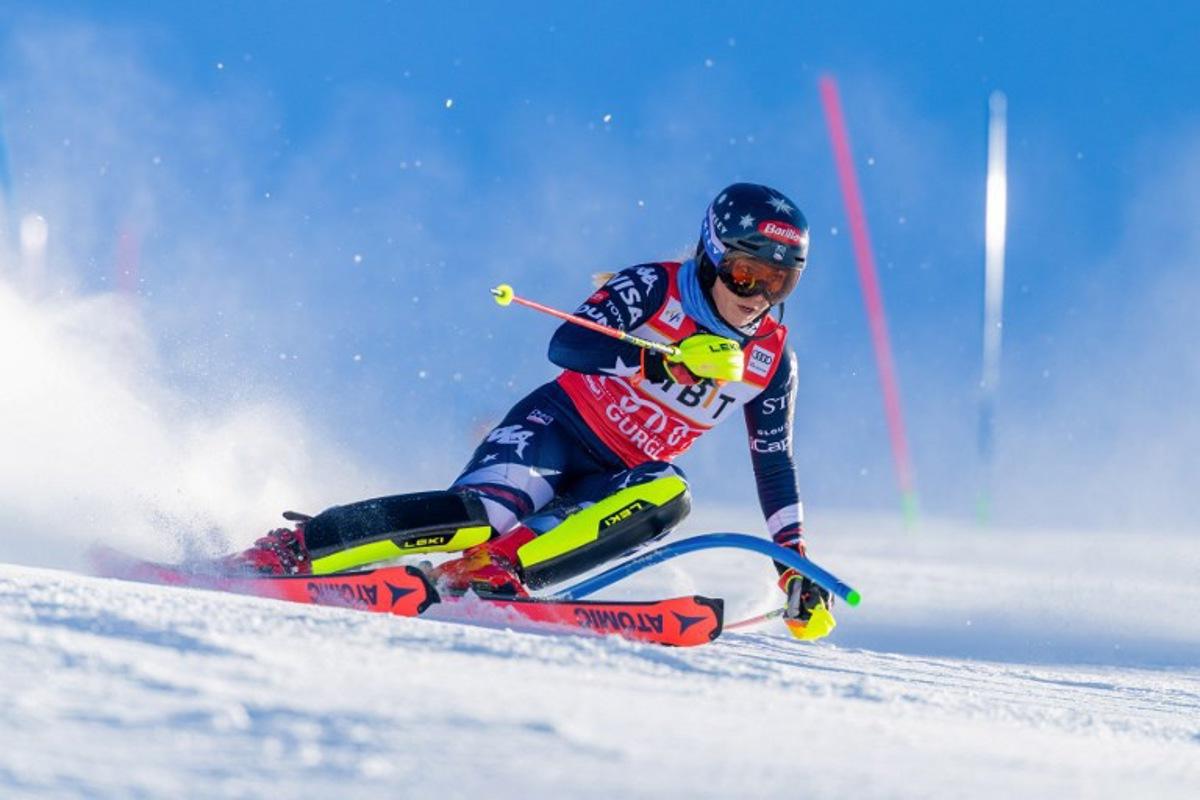 USA's Mikaela Shiffrin competes during the women's slalom event of the FIS Alpine Skiing World Cup in Gurgl, Austria on November 23, 2025. Johann GRODER / EXPA / APA / AFP