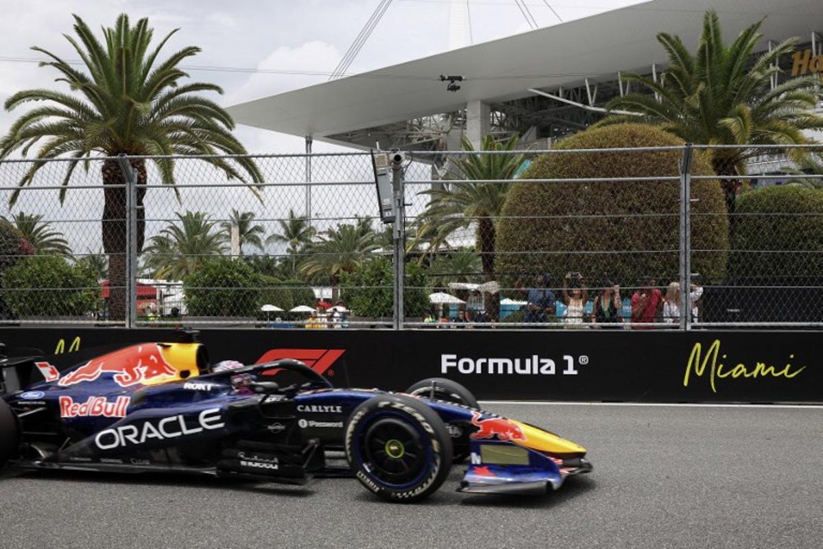 Red Bull Racing's Dutch driver Max Verstappen races during the 2026 Miami Formula One Grand Prix at Miami International Autodrome in Miami Gardens, Florida, on May 3, 2026. CHARLY TRIBALLEAU / AFP