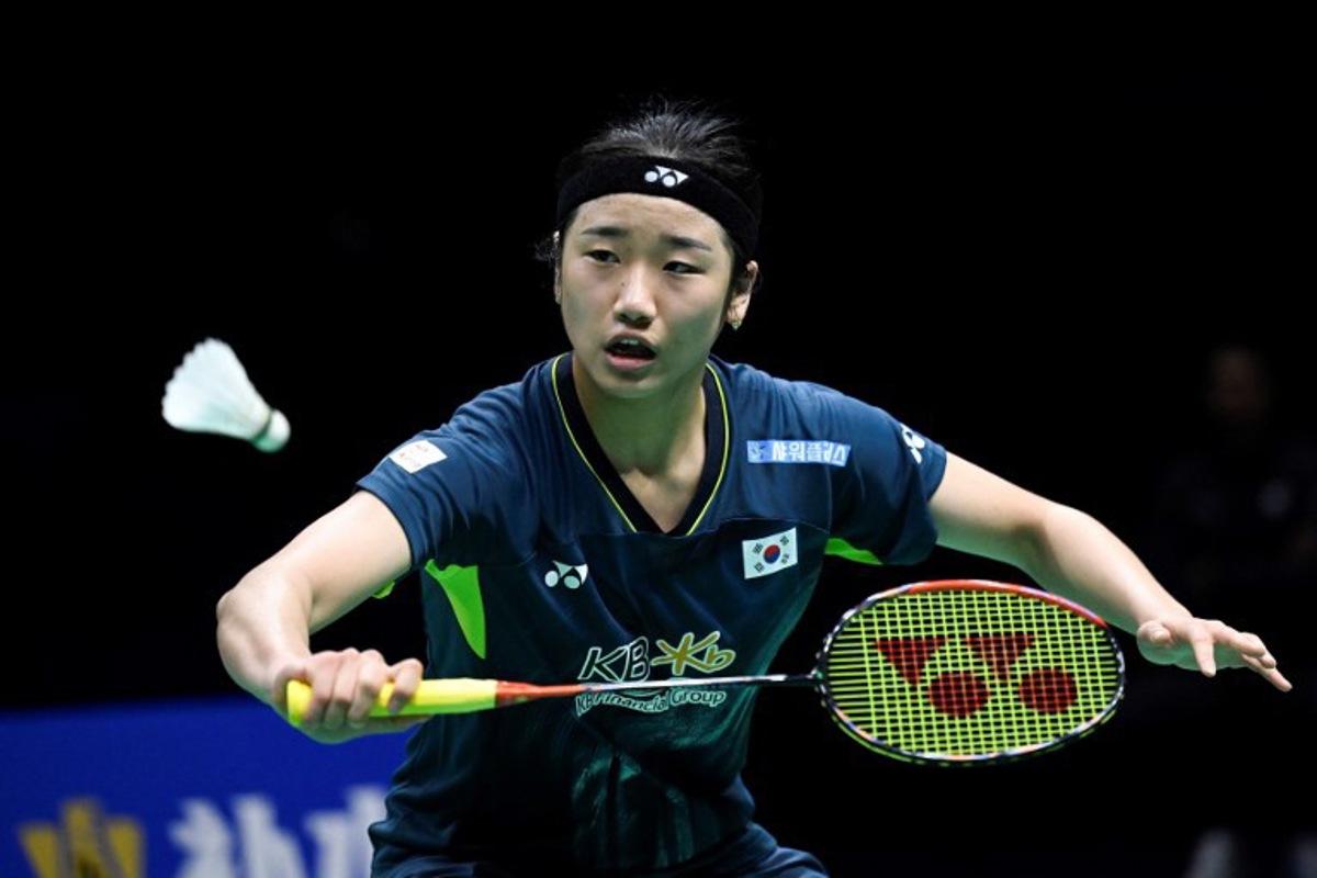 South Korea's An Se-Young hits a return to Taipei's Wen Chi Hsu during their women's singles quarter-final match at the Thomas and Uber Cup badminton tournament in Chengdu, in China's southwest Sichuan province on May 3, 2024. WANG Zhao / AFP