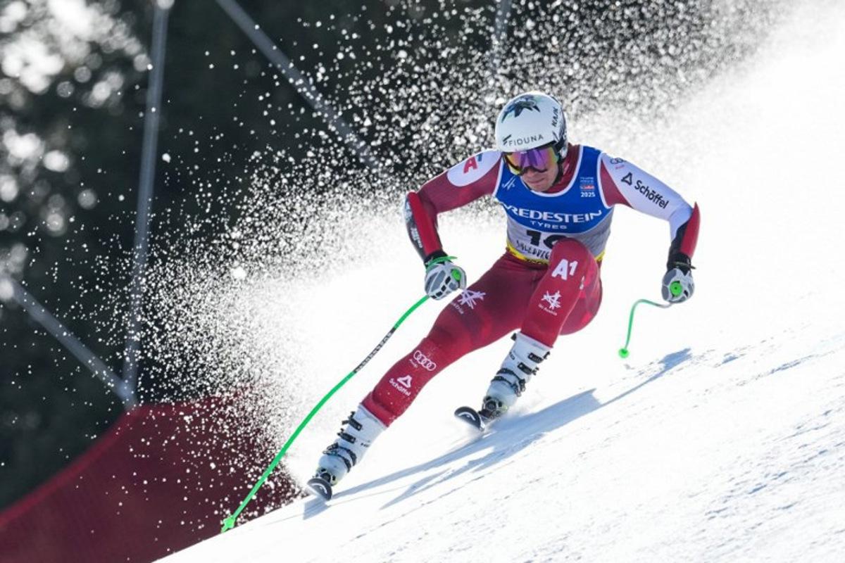 Austria's Lukas Feurstein competes in the Men's Super-G event of the Saalbach 2025 FIS Alpine World Ski Championships in Hinterglemm on February 7, 2025. Dimitar DILKOFF / AFP