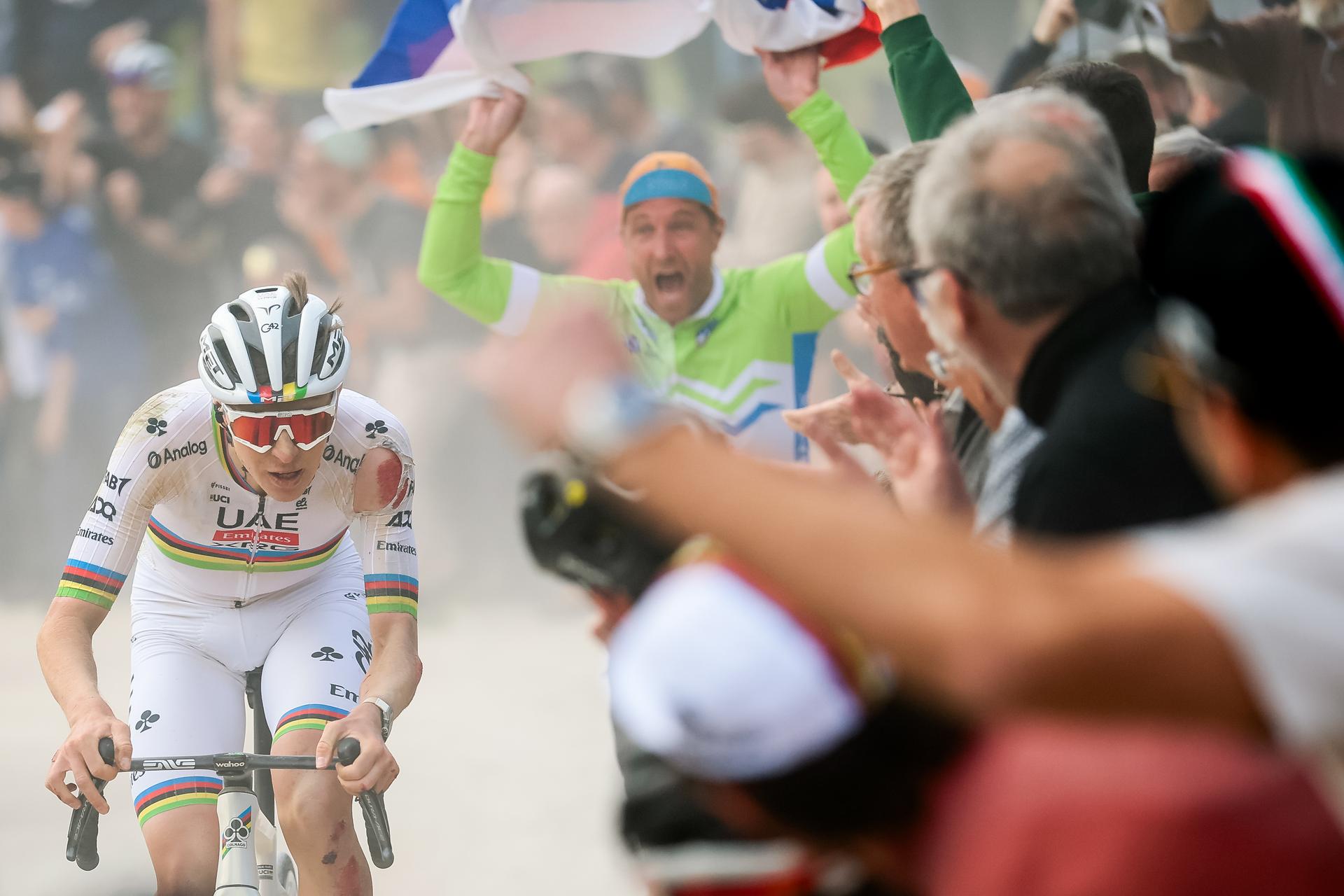 Slovenian Tadej Pogacar of UAE Team Emirates pictured in action during the men elite 'Strade Bianche' one day cycling race, 213km from and to Siena, Italy on Saturday 08 March 2025. BELGA PHOTO POOL LUCA BETTINI