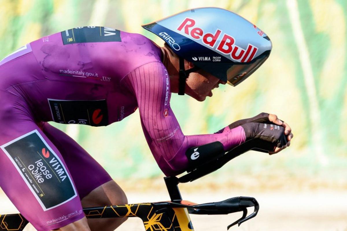 Team Visma-Lease a Bike's Belgian rider Wout Van Aert competes during the second stage of the 108th Giro d'Italia cycling race, a 13.7km individual time-trial from Tirana to Tirana in Albania, on May 10, 2025. Luca Bettini / AFP