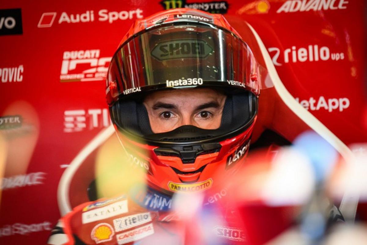 Ducati Lenovo Team's Spanish rider Marc Marquez looks on as he sits in the pits prior to the start of the first free practice session ahead of the Moto GP Grand Prix of France at Le Mans, northwestern France, on May 8, 2026. Loic VENANCE / AFP