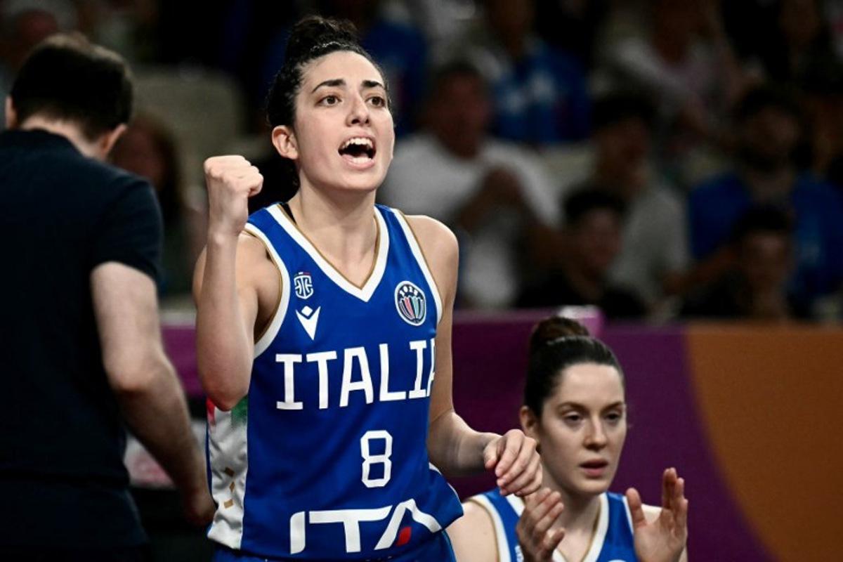 Italy's shooting guard Costanza Verona cheers from the sideline during the FIBA Women's EuroBasket 2025 third-place match between France and Italy at the Peace and Friendship Stadium in Athens on June 29, 2025. Angelos Tzortzinis / AFP