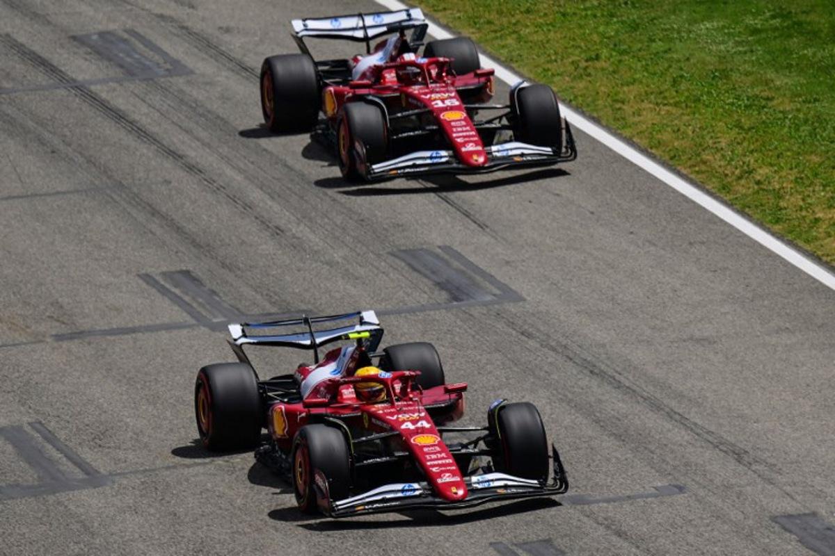 Ferrari's British driver Lewis Hamilton (Front) and Ferrari's Monegasque driver Charles Leclerc race during a practice session for the 2025 Emilia Romagna Formula One Grand Prix at the Imola autodrome in Imola, on May 17, 2025. Andrej ISAKOVIC / AFP