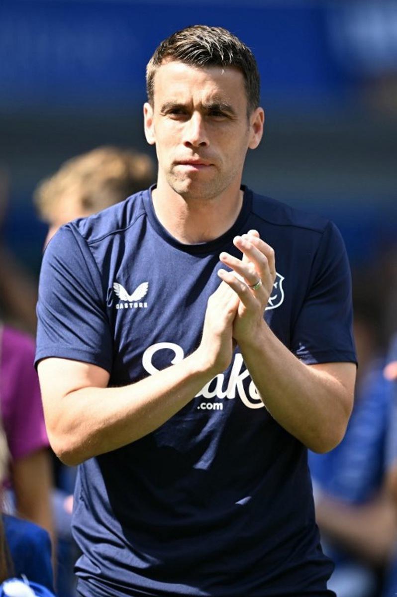 Everton's Irish defender #23 Seamus Coleman applauds the fans during the post-match celebrations after the English Premier League football match between Everton and Southampton at Goodison Park in Liverpool, north west England on May 18, 2025, Everton's final premier league fixture played at the stadium, their home since 1892. Paul ELLIS / AFP