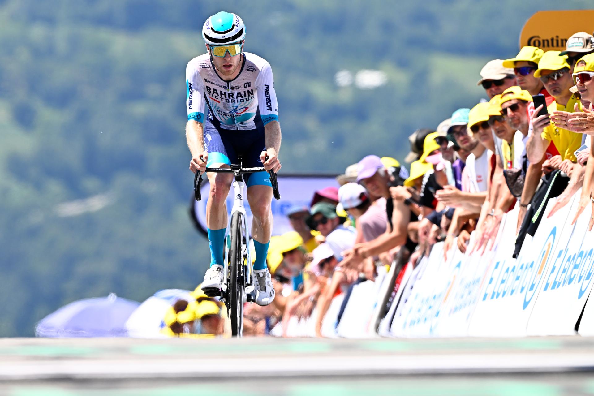 British Fred Wright of Bahrain-Victorious pictured at the finish of stage 13 of the 2025 Tour de France cycling race, an 11km individual time trial from Loudenvielle to Peyragudes, on Friday 18 July 2025 in France. The 112th edition of the Tour de France starts on Saturday 5 July in Lille, France, and will finish in Paris, France on the 27th of July. BELGA PHOTO JASPER JACOBS