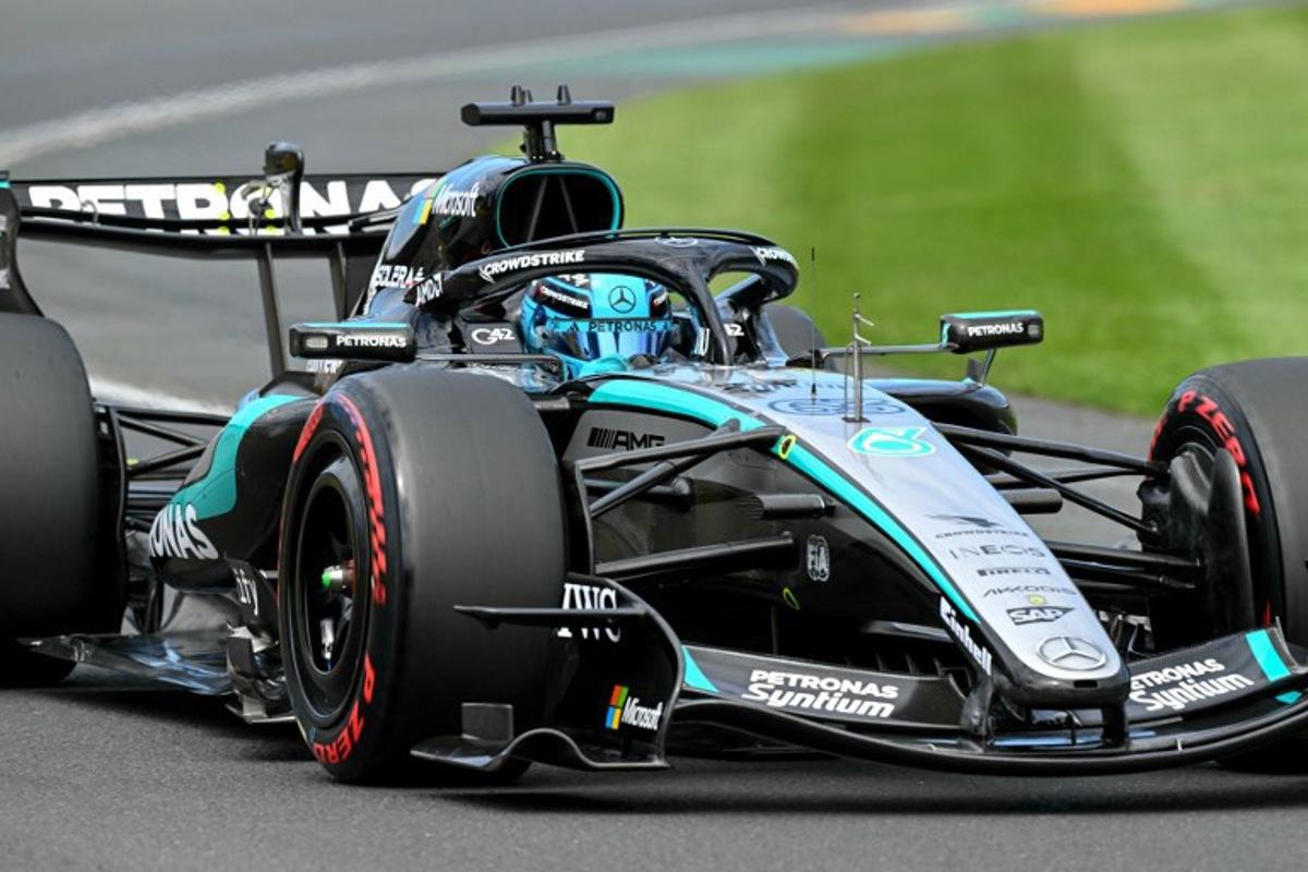 Mercedes' British driver George Russell drives during the third practice session of the Formula One Australian Grand Prix at the Albert Park Circuit in Melbourne on March 7, 2026. Paul Crock / AFP