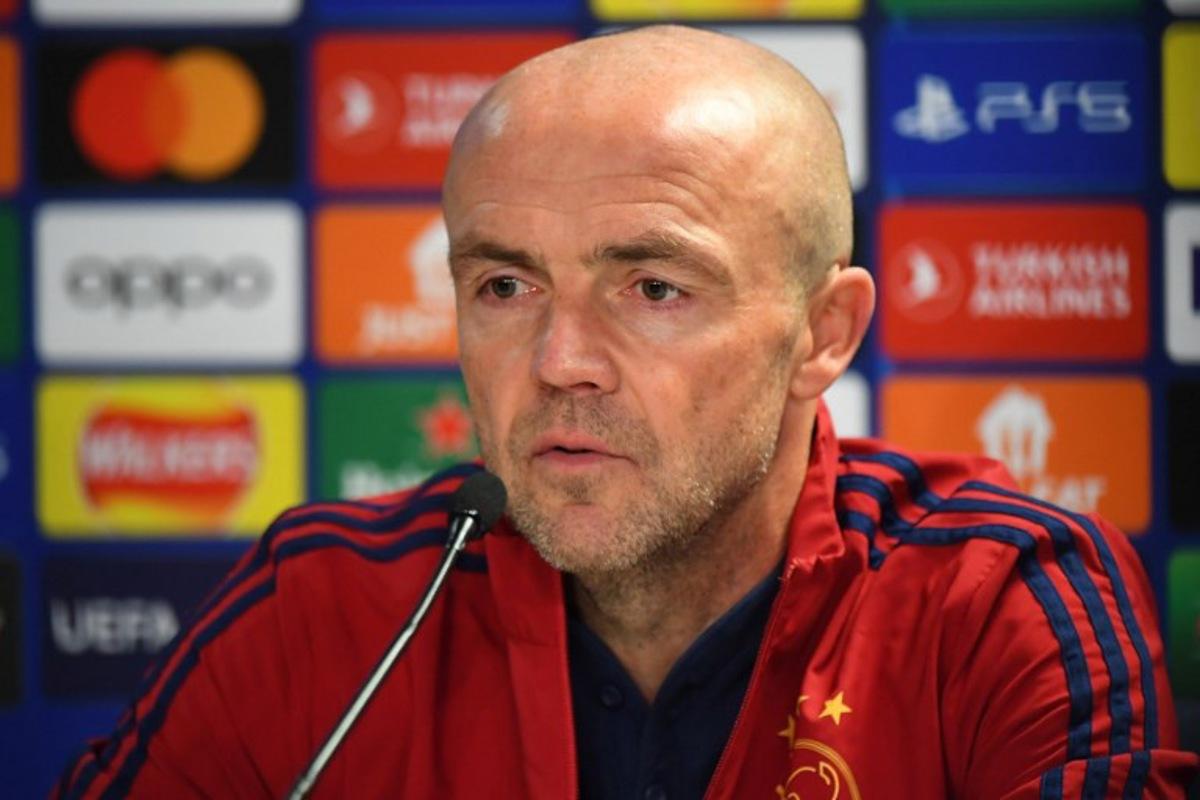 Ajax Dutch head coach Alfred Schreuder speaks during a press conference at Ibrox Stadium in Glasgow on October 31, 2022, on the eve of their UEFA Champions League Group A football match against Rangers. ANDY BUCHANAN / AFP