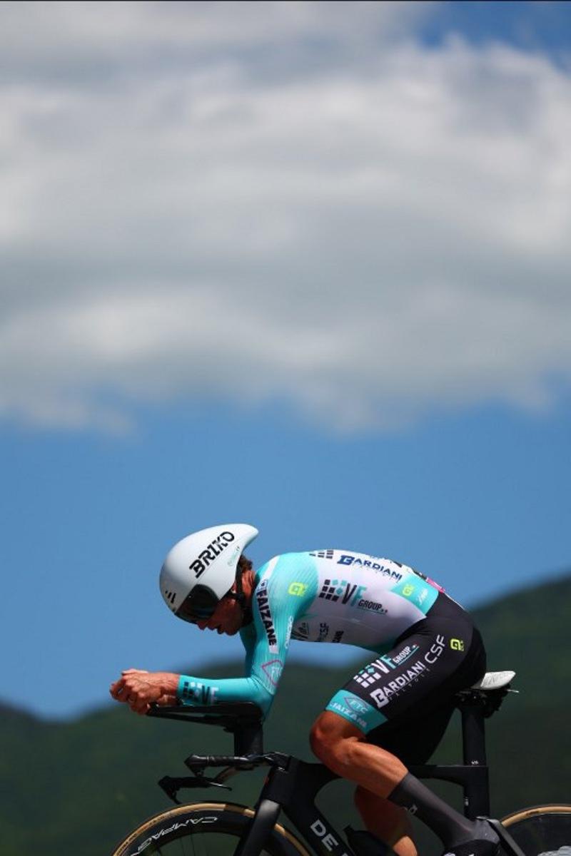 Team Bardiani's Italian rider Filippo Fiorelli competes during the 7th stage of the 107th Giro d'Italia cycling race, an individual time trial between Foligno and Perugia, on May 10, 2024 in Foligno. Luca Bettini / AFP