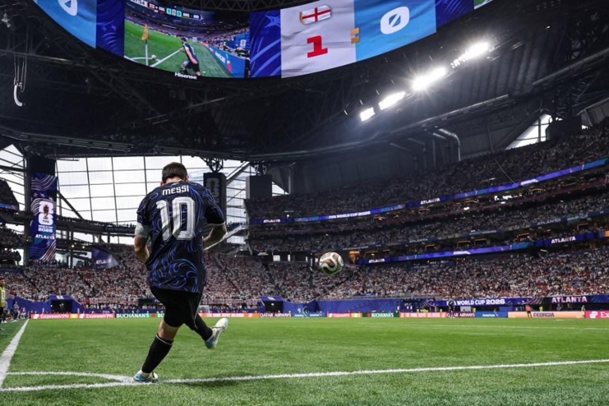 Argentina's forward #10 Lionel Messi takes a corner kick during the 2026 World Cup football tournament semi-final match between England and Argentina at the Atlanta Stadium in Atlanta on July 15, 2026. Thomas COEX / AFP