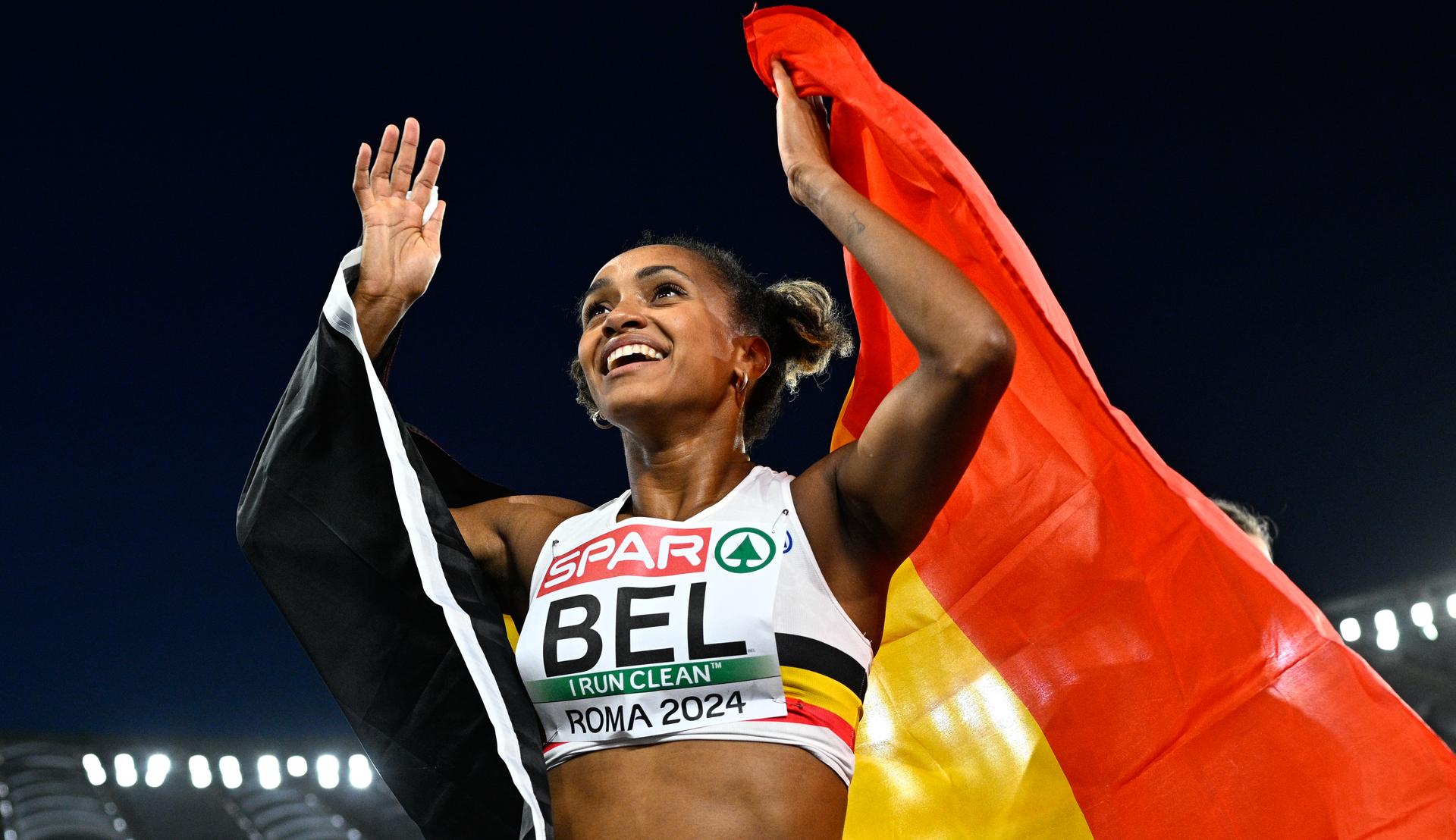 ATTENTION EDITORS - CAPTION CORRECTION - Correcting name of athlete to Naomi Van den Broeck instead of Cameron Vandenbroucke - CORRECT VERSION FOLLOWS: Belgian Naomi Van den Broeck celebrates after the women's 4x400m relay, at and the European Championships Athletics in Rome, Italy, on Wednesday 12 June 2024. The European Athletics Championships take place from 7 to 12 June. BELGA PHOTO JASPER JACOBS