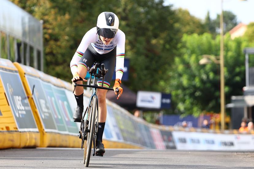 Dutch Megan Arens pictured in action during the 12,2 km time trial of the Women junior category at the UEC road European cycling championships, Wednesday 01 October 2025, in Loriol-sur-Drome, France. The European cycling championships Drome-Ardeche takes place from 1 to 5 October, France. BELGA PHOTO DAVID PINTENS