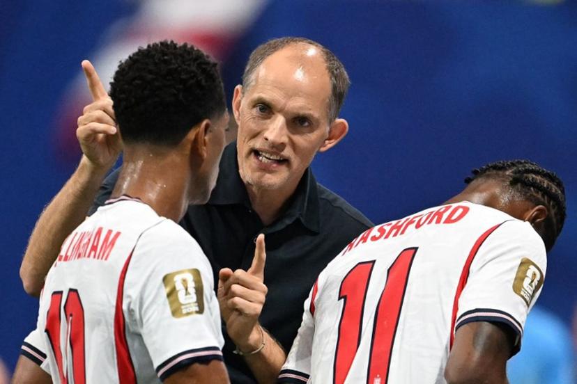 England's German head coach Thomas Tuchel gives instructions to England's midfielder #10 Jude Bellingham during the 2026 World Cup round of 32 match football between England and the Democratic Republic of Congo at the Atlanta Stadium in Atlanta on July 1, 2026. ROBERTO SCHMIDT / AFP