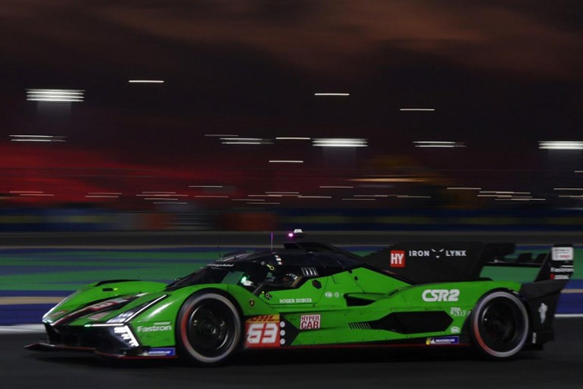 The #63 Lamborghini Iron Lynx's Lamborghini SC63 of Mirko Bortolotti, Edoardo Mortara, and Daniil Kvyat takes part in the final day of racing action in the FIA World Endurance Championship 2024 at Lusail International Circuit on March 2, 2024 in Doha, Qatar. KARIM JAAFAR / AFP