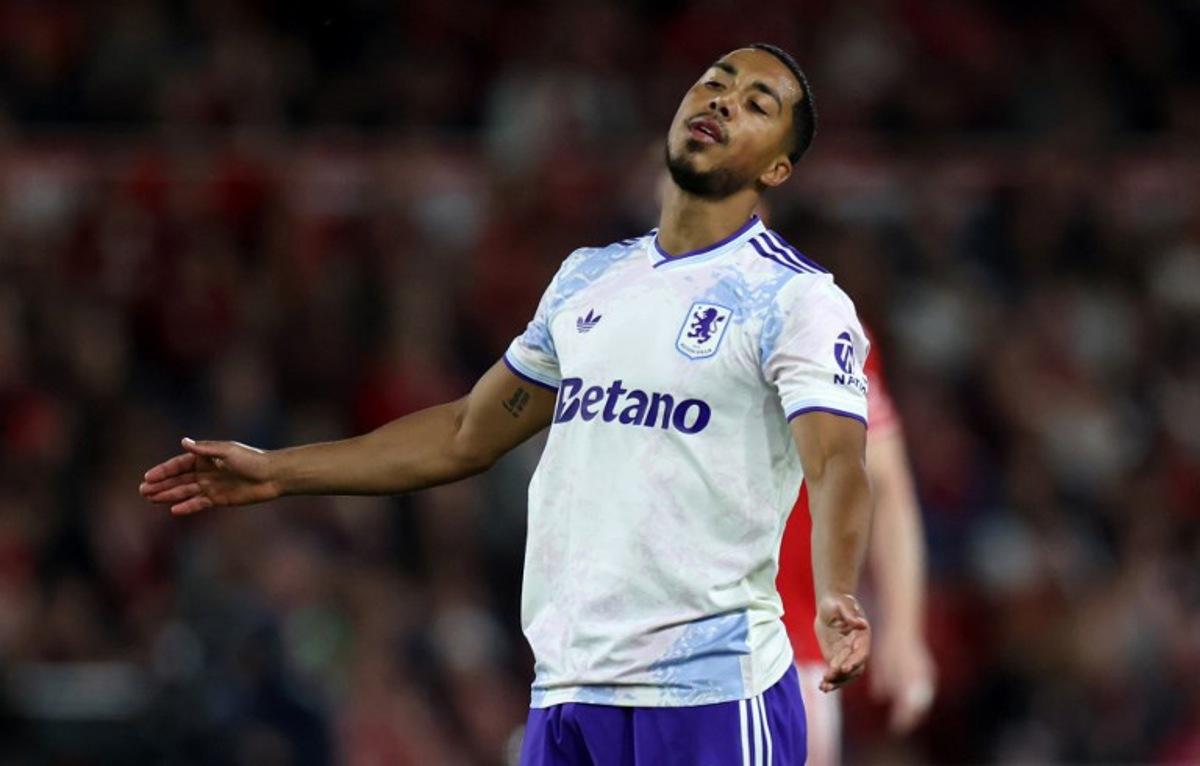 Aston Villa's Belgian midfielder #08 Youri Tielemans reacts after a poor shot during the UEFA Europa League semi-final first-leg football match between Nottingham Forest and Aston Villa at The City Ground in Nottingham, central England, on April 30, 2026. Darren Staples / AFP