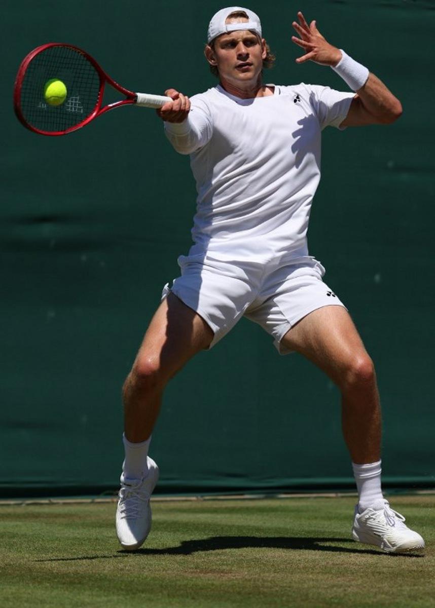 Belgium's Zizou Bergs returns against Portugal's Jaime Faria during their men's singles second round tennis match on the fourth day of the 2026 Wimbledon Championships at The All England Lawn Tennis and Croquet Club in Wimbledon, southwest London, on July 2, 2026. Adrian Dennis / AFP