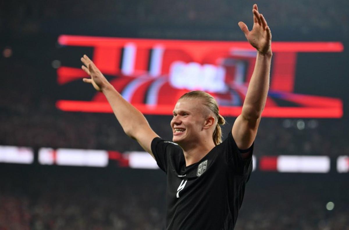 Norway's forward #09 Erling Braut Haaland celebrates scoring his team's second goal during the 2026 World Cup Group I football match between Norway and Senegal at the New York/New Jersey Stadium in East Rutherford on June 22, 2026. Angela WEISS / AFP