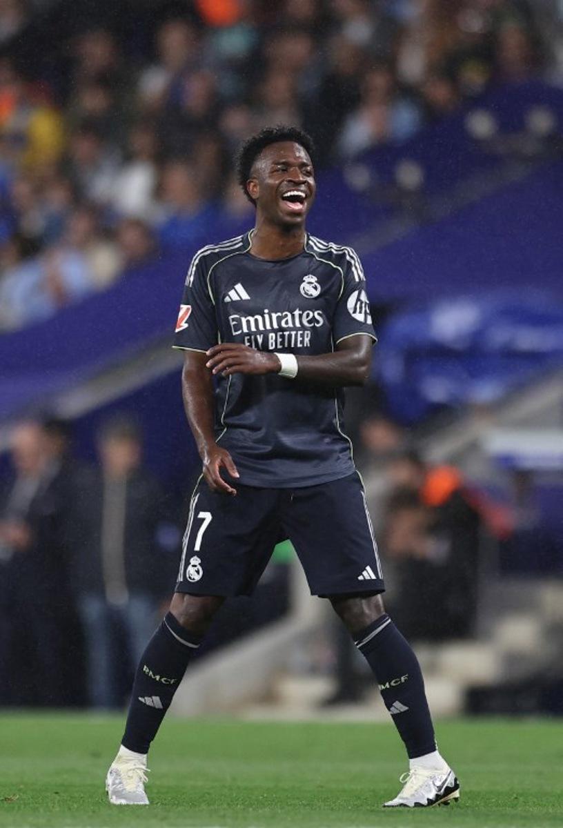 Real Madrid's Brazilian forward #07 Vinicius Junior reacts during the Spanish league football match between RCD Espanyol and Real Madrid CF at RCDE Stadium in Cornella de Llobregat on May 3, 2026. Josep LAGO / AFP