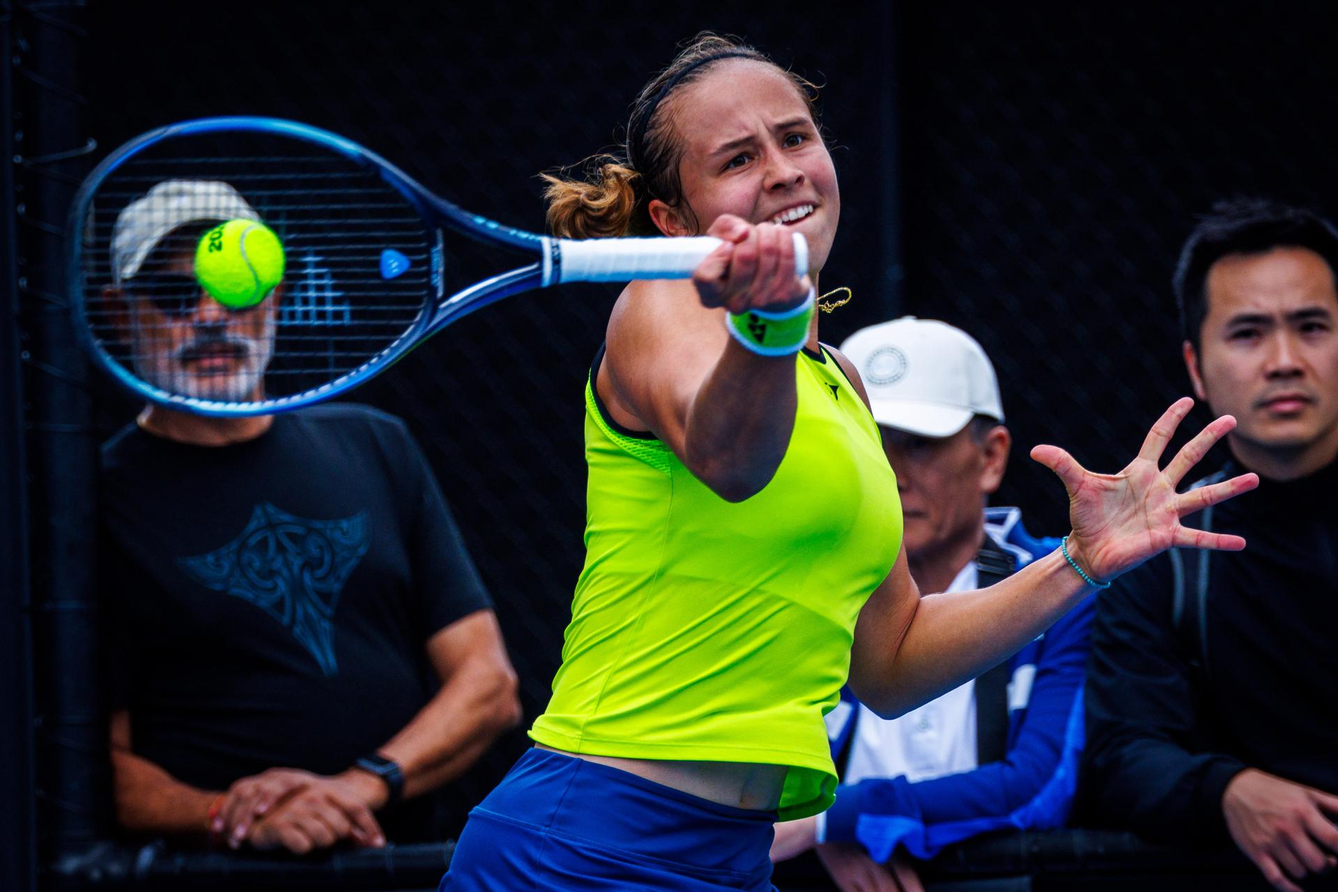 Belgium¿s Hanne Vandewinkel during a qualifying match against USA¿s Carol Young Suh at the Australian Open, Melbourne Park, Melbourne, January 13, 2026. Photo by Patrick Hamilton/SIPA USA) --- BENELUX ONLY ---