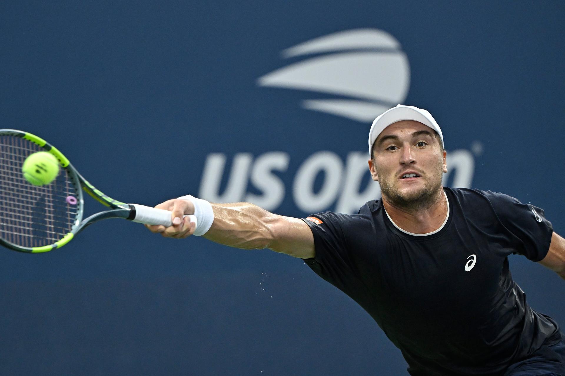 Raphael Collignon of Belgium plays against Sebastian Grozny of the United States during Men's singles Round 1 of the 2026 US Open Tennis Championship, USTA Billie Jean King National Tennis Center in Flushing Meadow-Corona Park, in the Queens borough of New York, NY, August 30, 2026. (Photo by Anthony Behar/Sipa USA) BELGA PHOTO BENELUX ONLY