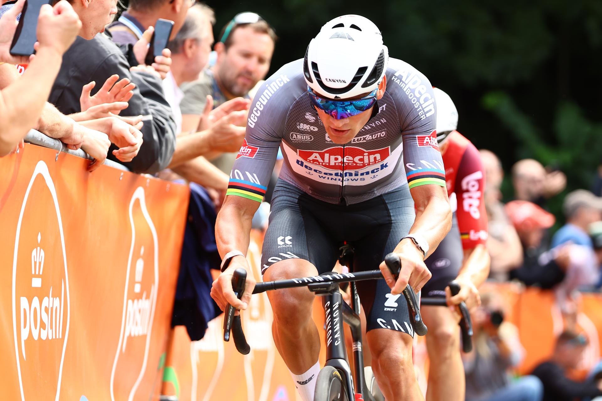 Dutch Mathieu van der Poel of Alpecin-Deceuninck pictured in action during the third stage of the 'Renewi Tour' multi-stage cycling race, from Aalter to Geraardsbergen (179,9 km) on Friday 22 August 2025. The five-day race takes place in Belgium and the Netherlands. BELGA PHOTO DAVID PINTENS