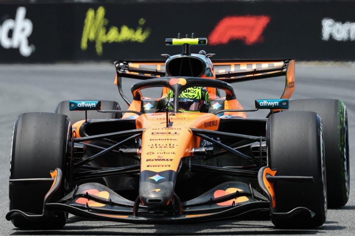 McLaren's British driver Lando Norris races during a practice session for the 2026 Miami Formula One Grand Prix at Miami International Autodrome in Miami Gardens, Florida, on May 1, 2026. CHARLY TRIBALLEAU / AFP