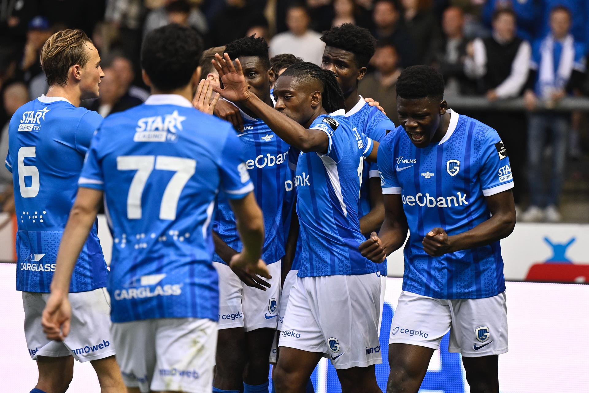 Genk's Aaron Bibout Banind celebrates after scoring during a soccer match between KRC Genk and KVc Westerlo, Sunday 10 May 2026 in Genk, on the seventh day of the Europe Play-offs (PO 2) of the 2025-2026 'Jupiler Pro League' first division of the Belgian championship. BELGA PHOTO JOHAN EYCKENS