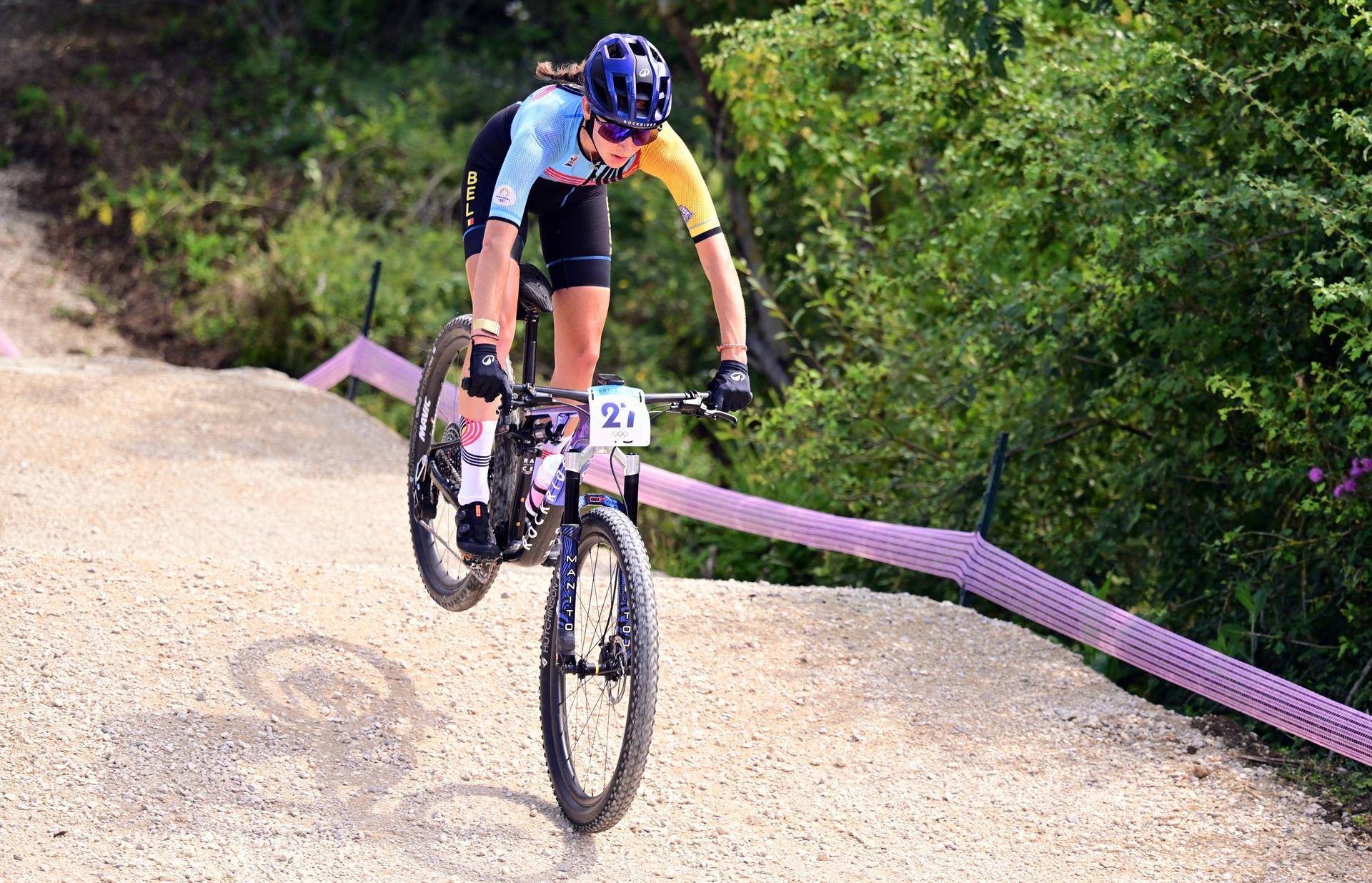 Belgian Emeline Detilleux pictured in action during the women's cross-country cycling race of the Paris 2024 Olympic Games, at the Colline d'Elancourt climb near Paris, France on Sunday 28 July 2024. The Games of the XXXIII Olympiad are taking place in Paris from 26 July to 11 August. The Belgian delegation counts 165 athletes competing in 21 sports. BELGA PHOTO LAURIE DIEFFEMBACQ