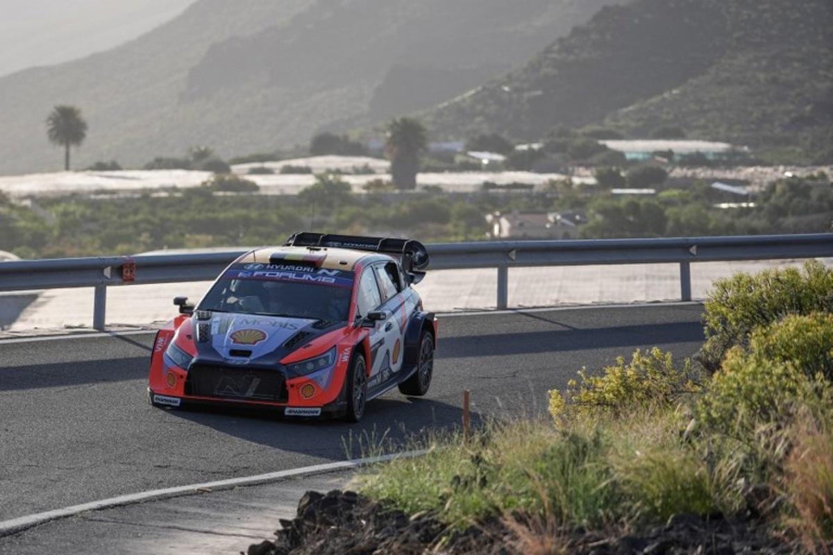 Thierry Neuville of Belgium and his co-driver Martijn Wydaeghe of Belgium compete in their Hyundai i20 N Rally 1 during the SS14 special Aguimes - Santa Lucia of the World Rally Championship (WRC) Rally Islas Canarias on the island of Gran Canaria in Spain's Canary Islands, on April 27, 2025. Manaure QUINTERO / AFP