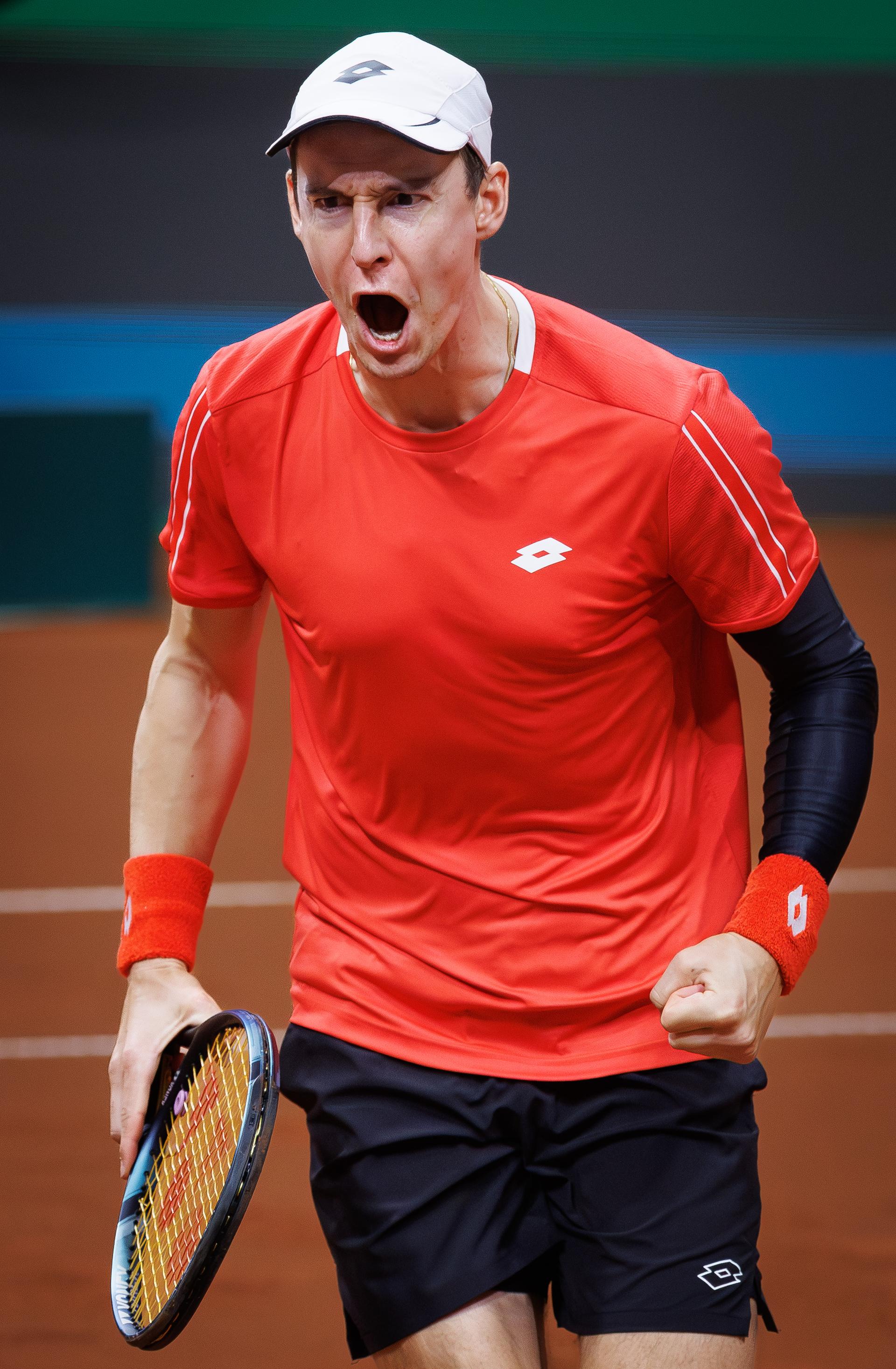 Belgian Joran Vliegen reacts during a doubles tennis match between Bulgarian Donski/Nesterov and Belgian Gille/Vliegen, match 3 of the qualifier of the Davis Cup on Sunday 08 February 2026, in Plovdiv, Bulgaria. Belgium will compete this weekend in the Davis Cup qualifiers against Bulgaria. BELGA PHOTO BENOIT DOPPAGNE