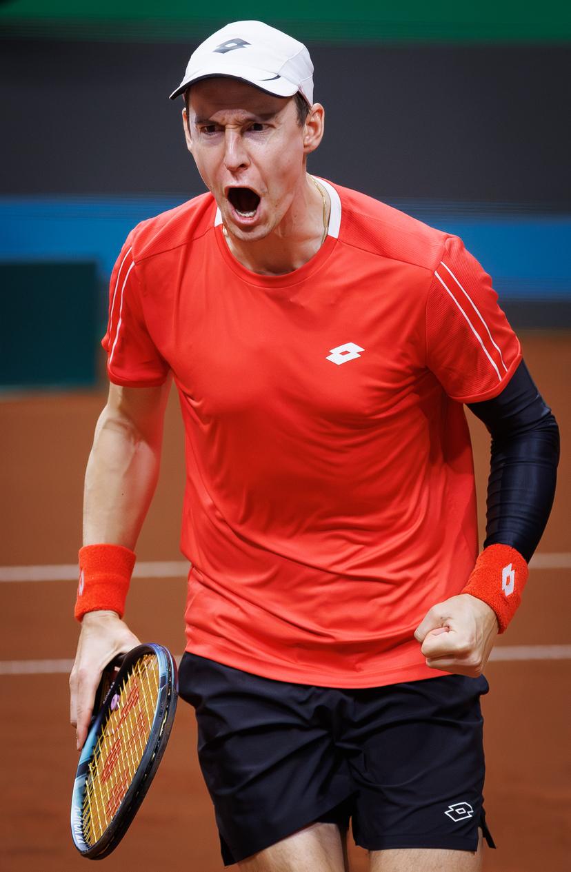 Belgian Joran Vliegen reacts during a doubles tennis match between Bulgarian Donski/Nesterov and Belgian Gille/Vliegen, match 3 of the qualifier of the Davis Cup on Sunday 08 February 2026, in Plovdiv, Bulgaria. Belgium will compete this weekend in the Davis Cup qualifiers against Bulgaria. BELGA PHOTO BENOIT DOPPAGNE