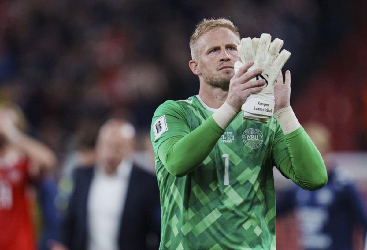 Denmark's goalkeeper #01 Kasper Schmeichel reacts after the 2026 World Cup qualifiers Europe zone group C football match between Denmark and Scotland, on September 5, 2025 in Copenhagen, Denmark. Liselotte Sabroe / Ritzau Scanpix / AFP