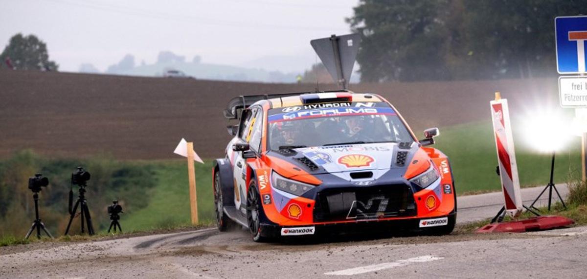 French driver Adrien Fourmaux and co-driver Alexandre Coria compete in their Hyundai i20 N Rally1 car during day three of the FIA World Rally Championship WRC Central European Rally at the SS9 "Made in FRG" stage near Roehrnbach close to Passau, southern Germany on October 18, 2025. Joe Klamar / AFP