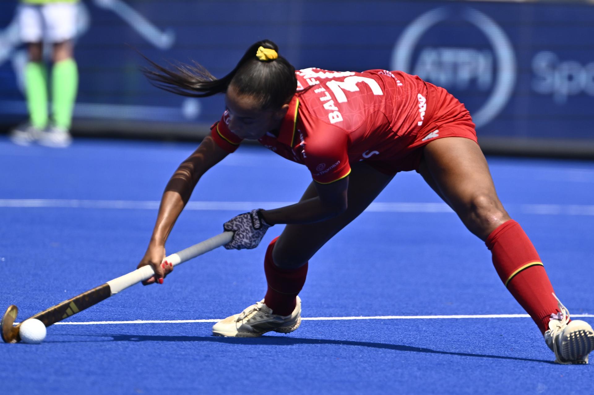 Belgium's Ambre Ballenghien pictured in action during a hockey game between Scotland and the Belgian national team Red Panthers, match 3/3 in the pool stage of the 2025 women's European championships, Wednesday 13 August 2025 in Monchengladbach, Germany. BELGA PHOTO ERIC LALMAND