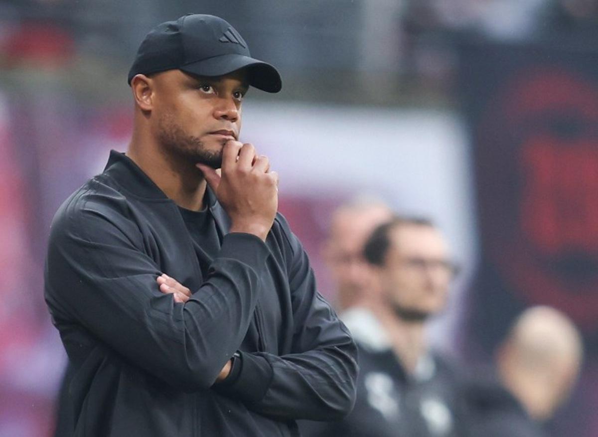Bayern Munich's Belgian head coach Vincent Kompany looks on during the German first division Bundesliga football match between RB Leipzig and FC Bayern Munich in Leipzig, eastern Germany on May 3, 2025. RONNY HARTMANN / AFP